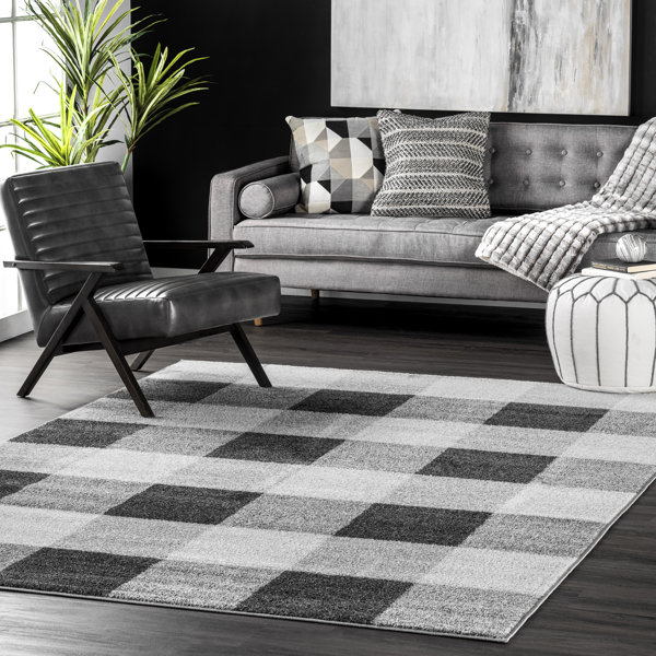 Gracie Oaks Vasag Plaid Power Loom Performance Black/ Grey/ White Rug